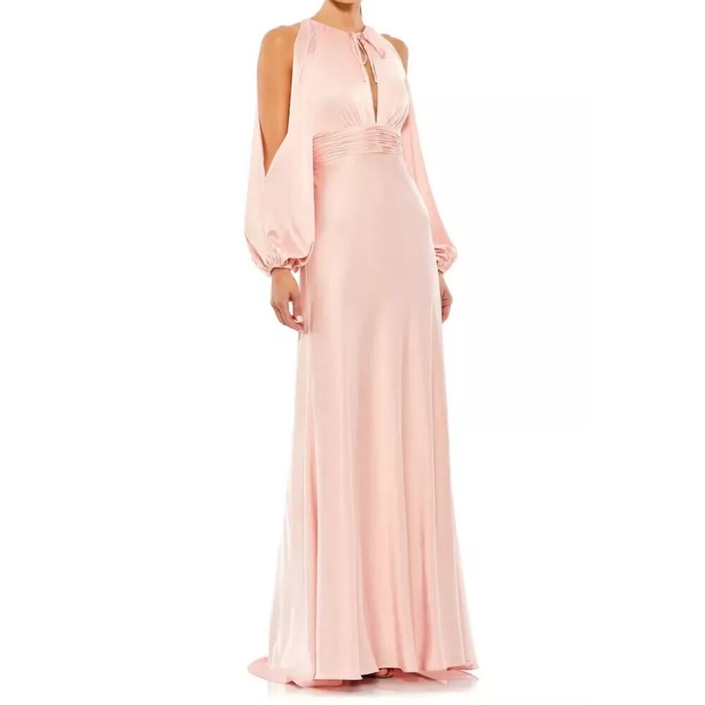 IEENA for Mac Duggal Pink Satin Bishop Sleeve Gown Size 6